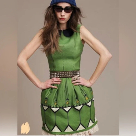 Anthropologie Lauren Moffatt 4 Preppy Boho Green Geometric Print Plaid Skirt - Picture 1 of 9